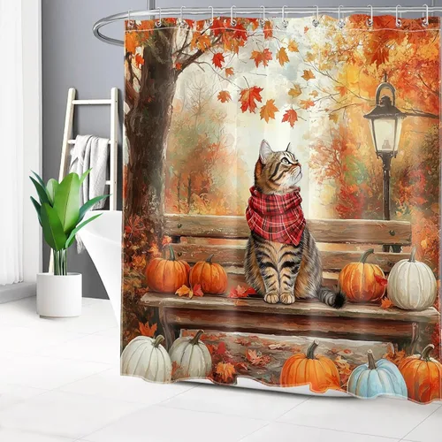 Miniatura 41 de HVEST Cortina de ducha de Halloween, linterna de calabaza y gnomo, cortina de ducha de baño, cortina de ducha de murciélago y araña, decorativa