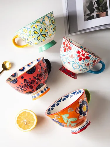 Miniatura 6 de Tazas de café de cerámica de gran capacidad pintadas a mano con patrón floral – Tazas jumbo, té, leche, cereales, taza de desayuno, juego de 4 – 14