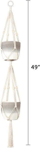 Miniatura 6 de Mkono Colgador de plantas de macramé, cesta colgante de 2 niveles para interior/exterior, cuerda de algodón con cuentas, 4 patas, 49 pulgadas