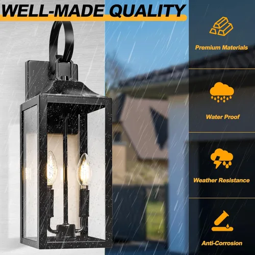 Miniatura 5 de Farol de pared negro de 19 pulgadas para exteriores, 2 luces, aplique grande y moderno para porche, luz industrial para porche con vidrio