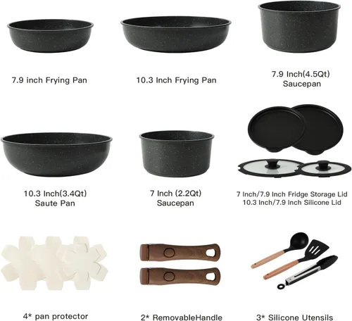 Miniatura 2 de Juego de utensilios de cocina de cerámica de 15 piezas con mango desmontable para ollas y sartenes antiadherentes (negro)