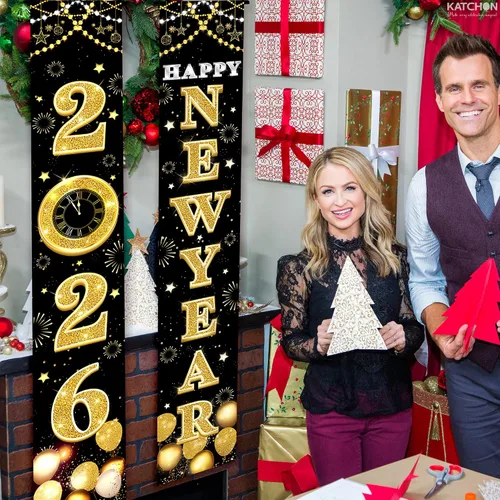 Miniatura 7 de KatchOn XtraLarge Pancarta de Feliz Año Nuevo 2026 – 72 x 12 pulgadas Pancarta de puerta de Feliz Año Nuevo negra y dorada para decoraciones