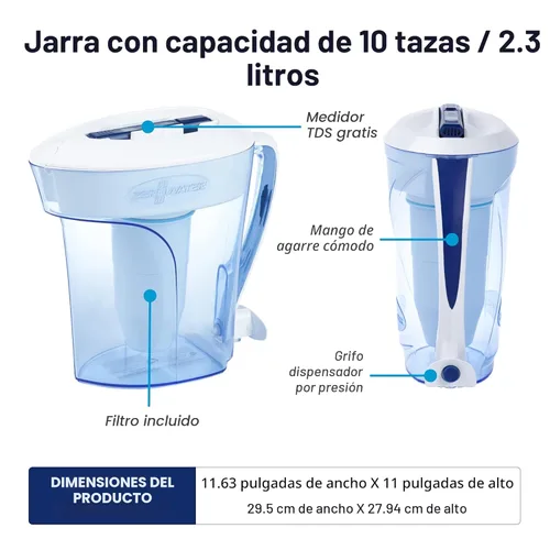 Miniatura 3 de ZeroWater Jarra de filtro de agua de 5 etapas lista para verter de 10 tazas 0 TDS para un mejor sabor al agua del grifo, certificado IAPMO