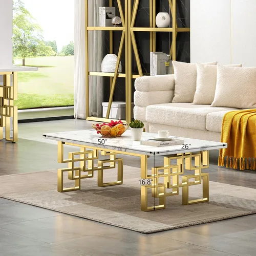 Miniatura 6 de AUZ Mesa auxiliar, mesa rectangular de 50 pulgadas, color blanco y dorado, mesa de té para sala de estar, sala de invitados, sala de recepción Base