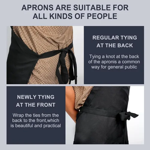 Miniatura 5 de Delantal de chef para hombre y delantal de servidor para mujer con 3 bolsillos, delantales negros para cocinar a la parrilla, unisex