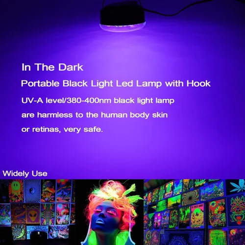 Miniatura 6 de CICINY Luz LED negra, luces negras UV colgantes USB de 10 W con gancho, lámpara de luz negra para fiesta brillante, decoraciones de Halloween que