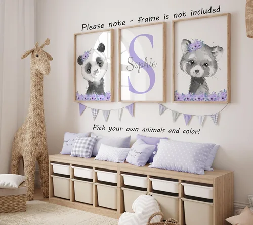 Miniatura 5 de Juego de 3 pósteres de animales de safari para niñas, habitación del bebé, sin marco, con nombre personalizado, flores rosas o moradas, decoración