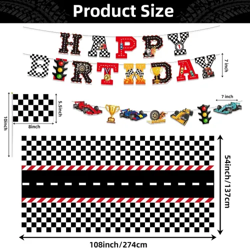 Miniatura 2 de Kit de decoración de fiesta de auto de carreras, pancarta de feliz cumpleaños, manteles para cumpleaños de coche de carreras o baby shower, 54 x 108