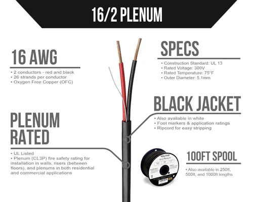 Miniatura 2 de Voltive Cable de altavoz 16/2, Plenum CL3P, negro, 100 pies - 16AWG, 2 conductores, cobre trenzado sin oxígeno, listado UL - V-1217-1