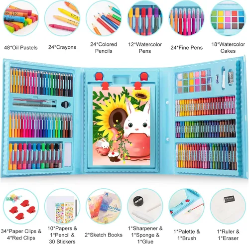 Miniatura 2 de VigorFun Suministros de arte, kit de arte de dibujo de 240 piezas, estuche de arte de regalo con caballete triple de doble cara, incluye blocs