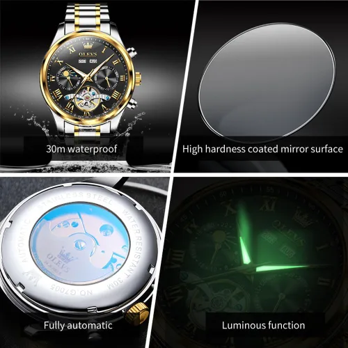 Miniatura 6 de OLEVS Relojes automáticos para hombre, esqueleto Tourbillon, reloj de pulsera de lujo con diamantes de cuerda automática, acero inoxidable