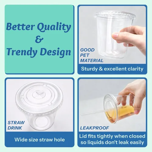 Miniatura 4 de Homestockplus Paquete de 100 vasos de plástico transparente de 12 onzas sin BPA con tapas y popotes, vasos desechables para sorbetes a prueba