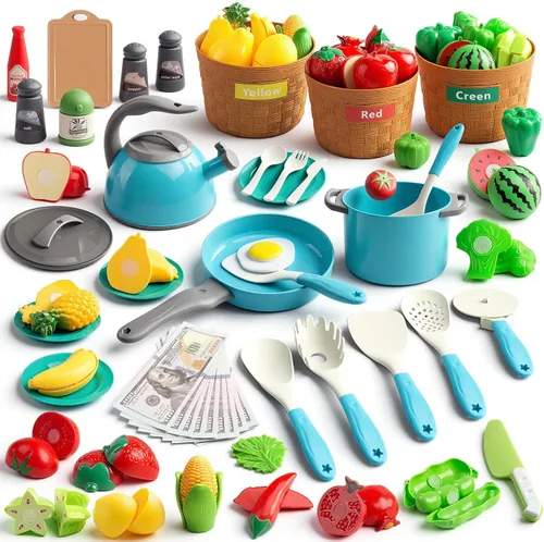 Juego de 90 accesorios de cocina, cocina de simulación con ollas, sartenes, utensilios de cocina, alimentos, frutas, verduras, cestas de Turquesa