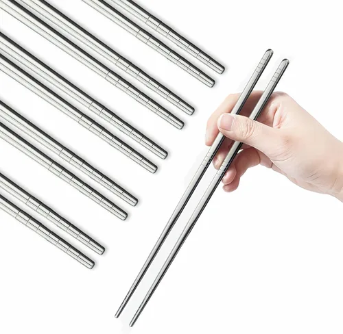 Miniatura 10 de IQCWOOD - Palillos de metal, 10 pares de palillos planos de acero inoxidable, palillos de metal reutilizables de alta calidad, 8.66 pulgadas