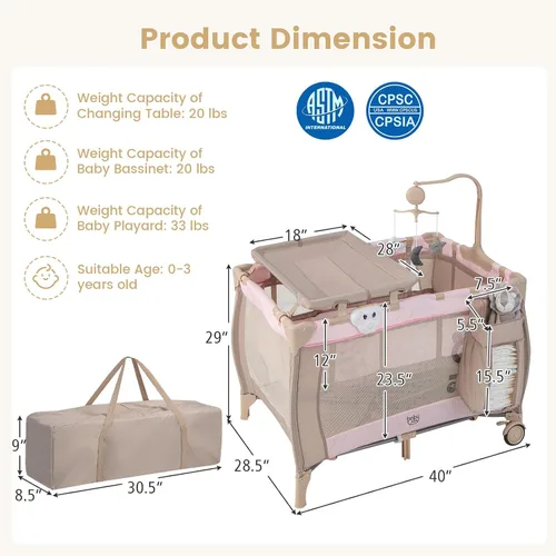 Miniatura 7 de Costzon 3 en 1 Rosa Pack and Play con Moisés, Corralito Portátil para Bebé con Mesa Cambiadora, Caja de Música, Juguetes Giratorios, Ruedas/Freno