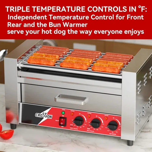 Miniatura 3 de CROSSON Hot Dog 7 Rodillos con Calentador de Pan, Máquina Comercial de Cocina con Asador Giratorio Antiadherente 7 en 304, Parrilla Eléctrica