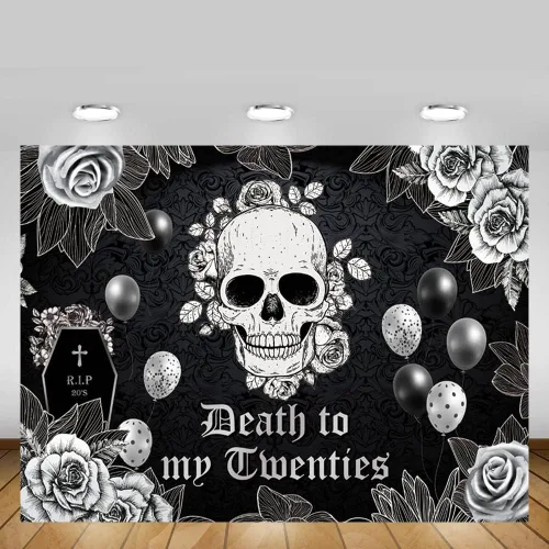 Miniatura 5 de MEHOFOND Telón de fondo de 7 x 5 pies de muerte a mis veinte para fiesta de cumpleaños de 30 años RIP to My 20s funeral gótico calavera rosa negra