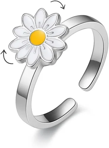 COLORFUL BLING Delicados anillos de ansiedad para mujer, diseño de margaritas y mariposas con circonitas cúbicas plateadas, ajustables, abiertos,
