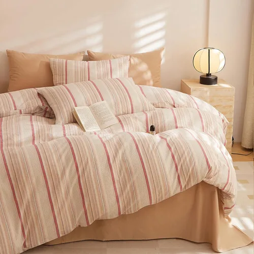 Miniatura 15 de HighBuy Juego de funda de edredón vintage con volantes y estampado de rayas francesas, 100% algodón con cierre de cremallera, juego de ropa de cama