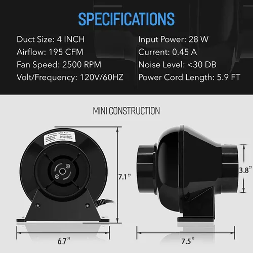 Miniatura 7 de iPower Ventilador en línea de 195 CFM de 4 pulgadas, soplador de ventilación de circulación, filtro de carbono de aire con gancho, conducto de 8