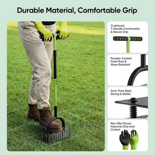 Miniatura 7 de Grenebo Aireador manual de césped con 16 picos, aireador de césped de metal para patio, aireación de césped, eyección automática de suelo, Verde