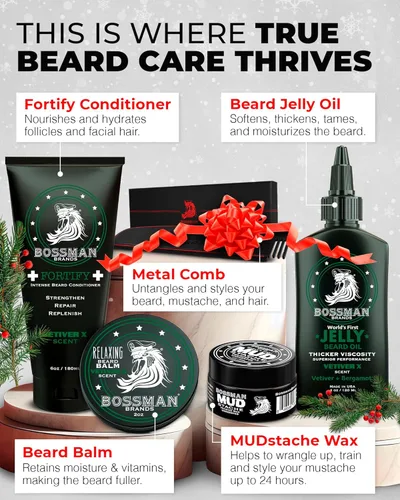 Miniatura 2 de Bossman Kit completo de gelatina de aceite para barba para hombre, acondicionador de ducha fortificante, bálsamo, cera de bigote y peine, suavizante