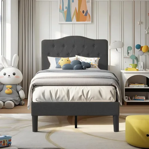 Miniatura 5 de VECELO Armazón de Cama Tamaño Individual Plataforma Tapizada con Cabecera Ajustable Acolchada/Base de Colchón con Soporte de Listones de Madera, Gris