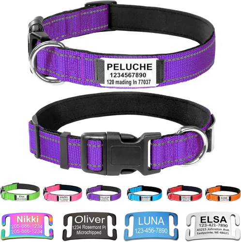 Miniatura 8 de Collares de perro personalizados con placa de nombre, etiquetas de identificación grabadas con collar de nailon reflectante, collar de neopreno