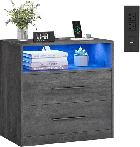Miniatura 11 de VASAGLE - Colección MAXE - Mesita de noche con estación de carga, soporte estriado, mesa de noche, mesa auxiliar de estilo moderno de mediados