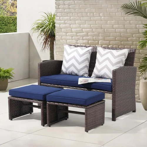 Miniatura 7 de OC Orange-Casual - Juego de muebles de patio, 3 piezas de sofá seccional de mimbre para exteriores con otomanos para el porche, ratán gris