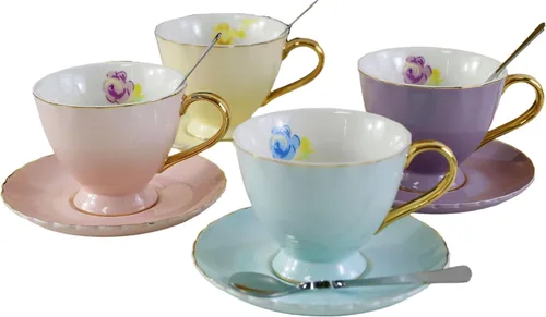 Taza y platillo de café estilo europeo, juego de 4 tazas de café de porcelana para el hogar, cocina, fiesta de té (4 colores/juego surtido) (6.1 fl