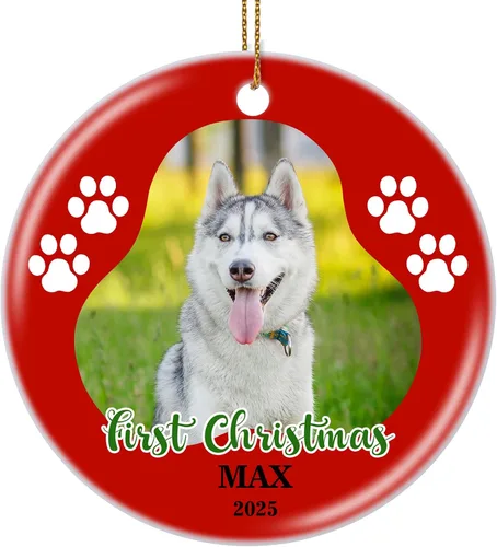 Miniatura 32 de Paquete de 4 adornos de Navidad personalizados 2025 de cerámica personalizada con foto y texto para decoración de árbol de Navidad, primera Navidad