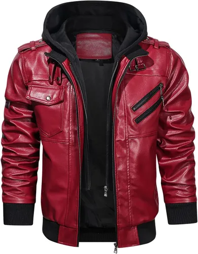 Miniatura 4 de Hood Crew - Chaqueta bomber para hombre, casual, con cuello alto, cazadora de moto, de piel sintética de poliuretano, con cremallera y capucha