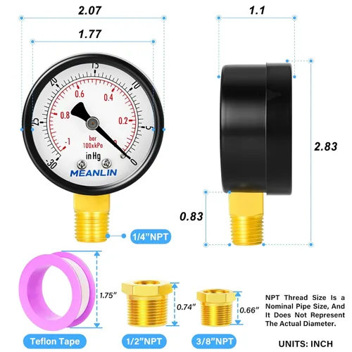 Miniatura 2 de MEANLIN MEASURE - Vacuómetro de vacío seco de -30inHG~0Psi, esfera con cara de 2 pulgadas, 1/4" NPT WOG para prueba de presión de agua, aceite