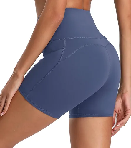 Miniatura 2 de Oalka Pantalones cortos de yoga para mujer, con bolsillos laterales, cintura alta, para entrenamiento, correr, deportes, 4 pulgadas