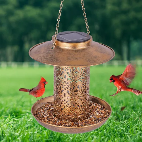 Ottsuls Comedero solar para pájaros para colgar al aire libre, farol de jardín de cardenales salvajes de metal con gancho en S, comedero para Marrón