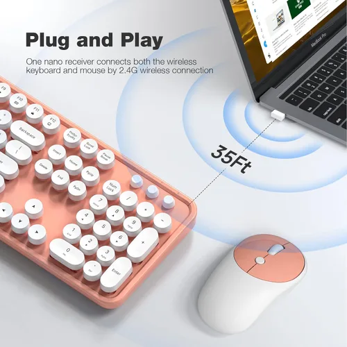 Miniatura 31 de KNOWSQT Combo de teclado y ratón inalámbrico, teclados lindos de tamaño completo estilo máquina de escribir 2.4G azul colorido - receptor USB Plug