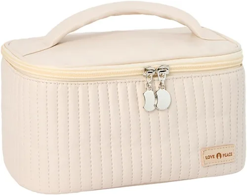 Miniatura 6 de Bolsa de maquillaje de viaje, estuche de cosméticos con soporte para brochas de maquillaje, organizador portátil de piel sintética para mujer, Café