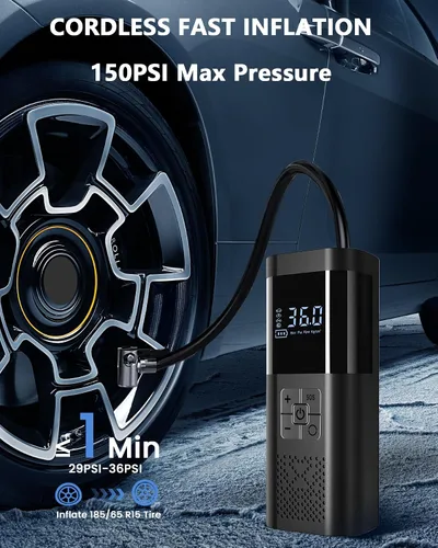 Miniatura 4 de Inflador de neumáticos, compresor de aire portátil, bomba de aire inalámbrica de 150 PSI, para neumáticos de automóvil con manómetro digital, Negro