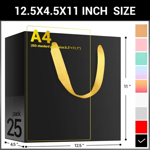 Miniatura 2 de EUSOAR Bolsas grandes de compras negras con asas doradas, paquete de 25 bolsas de regalo de 12.5 x 4.5 x 11 pulgadas, asas a granel, bolsas de Asas