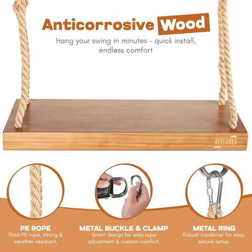 Miniatura 2 de Asiento colgante de madera para exteriores, columpio de madera de cedro de 22 x 8 x 2 pulgadas para adultos y niños, capacidad de 440 libras, cuerda