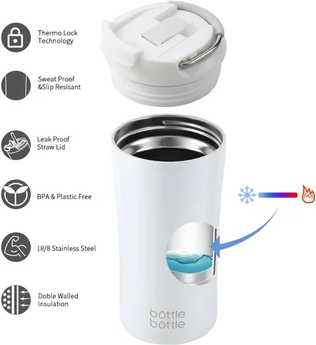 Miniatura 3 de BOTTLE BOTTLE Vaso de café con tapa de doble uso y pajita, taza de café de viaje de doble pared para mujer y hombre, vaso aislado de acero Blanco