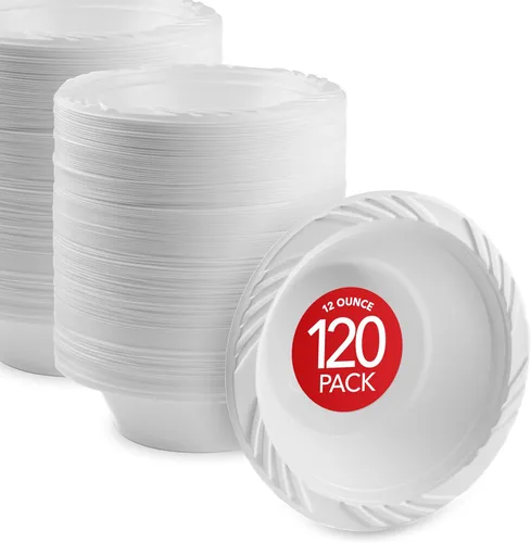 Stock Your Home Paquete de 120 cuencos elegantes de plástico blanco de 12 onzas para fiestas, tazón pequeño desechable para cenas o cócteles, sopa y