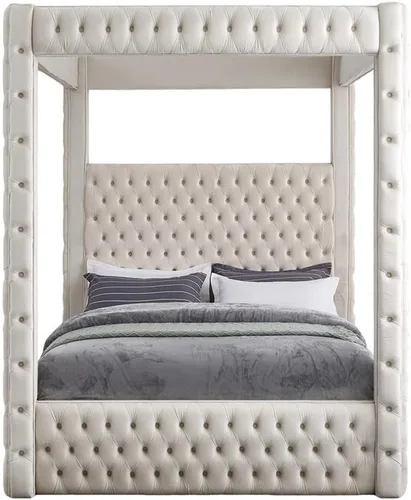 Miniatura 4 de Meridian Furniture RoyalCream-Q Colección Royal moderna, cama Queen tapizada de terciopelo contemporáneo con terciopelo crema suave, acolchado
