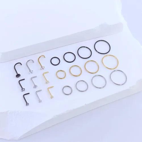 Miniatura 5 de 21 piezas de anillos de nariz de aro de acero quirúrgico para mujer, 20G, joyería de perforación de la nariz, plata, oro, negro, perforaciones