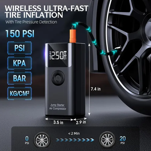 Miniatura 3 de Arrancador con compresor de aire, LERTIN 3500 A 150 PSI paquete de batería portátil para automóvil, para hasta 9.0 L gasolina/8.0 L motor diésel