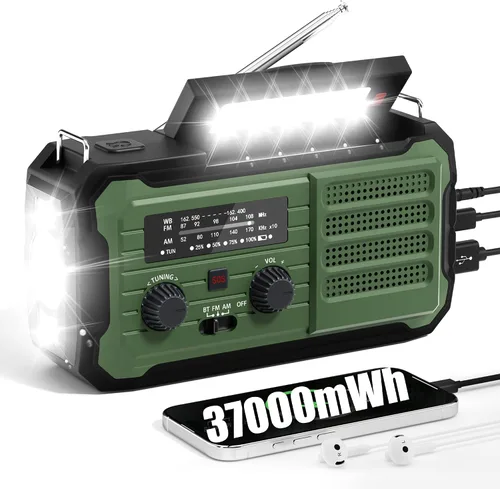 Miniatura 12 de Radio de emergencia con manivela solar, 10000 mAh/37000 mWh, radio meteorológica de emergencia, radios solares de manivela con NOAA/AM/FM, linterna