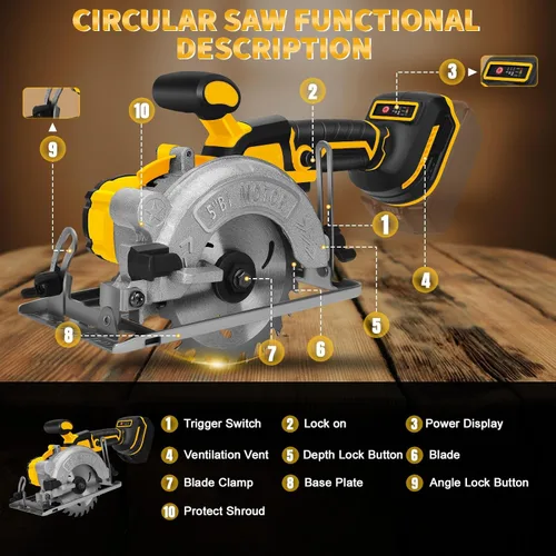 Miniatura 5 de Sierra circular inalámbrica de 5 pulgadas para batería Dewalt de 20 V (sin batería), sierra de madera eléctrica con motor sin escobillas, bisel