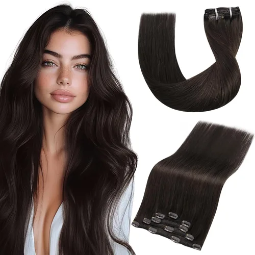 Miniatura 13 de Vivien Extensiones de cabello humano con clip, color negro azabache, extensiones de cabello humano real con pinzas invisibles, doble trama, 14
