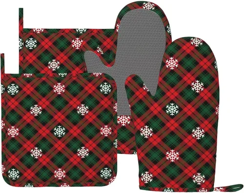 Miniatura 15 de Manoplas de horno y soportes para ollas a cuadros de búfalo negro y rojo, juego de 4 piezas, guantes de horno de silicona a cuadros negros y rojos